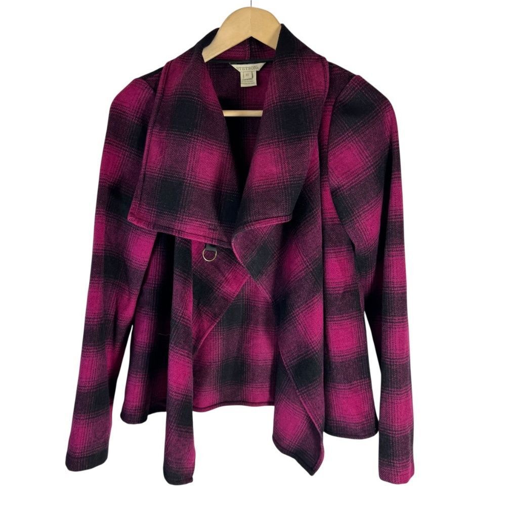 Stetson Berry Pink/Black‎ Plaid Toggle Neck Wool Blend Shawl Style Jacket Sz S